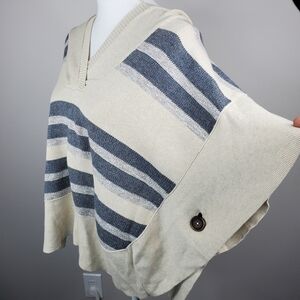 American Eagle Poncho Hoodie Striped Tan Blue